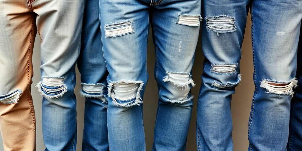 Various styles of distressed jeans laid out for men.