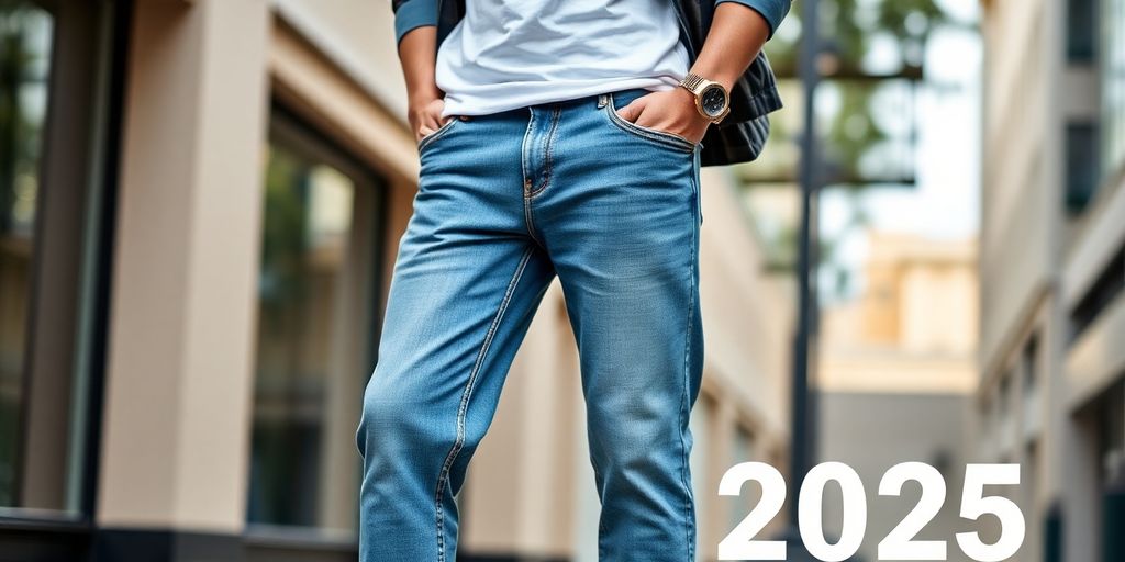 Male model in loose fit jeans in urban setting.