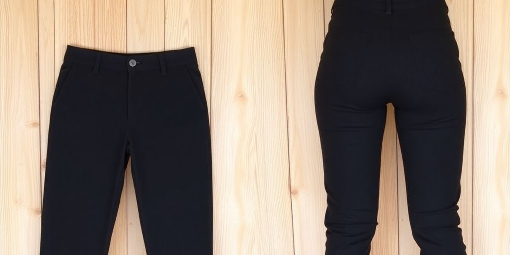 Photo of fashionable mid rise pants on a wooden surface.