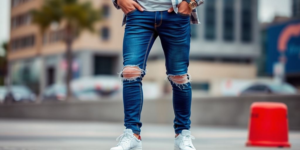 Man in ripped jeans and casual shirt in city.