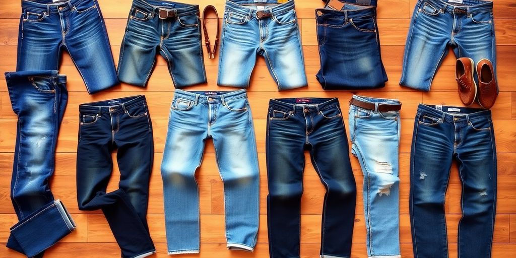 Collection of trendy designer denim jeans for men.