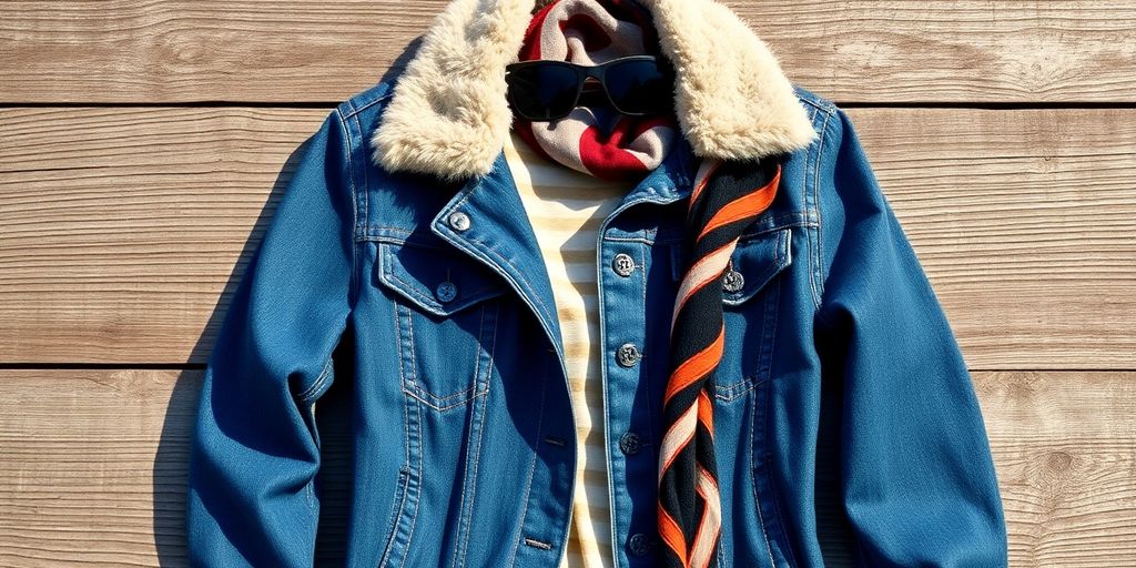 Stylish jean jacket with fur on a wooden background.