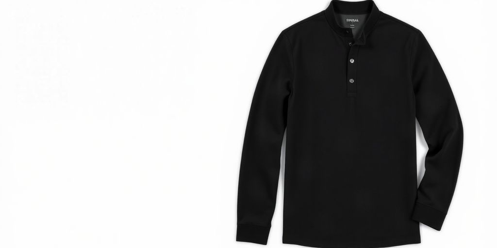 Black long sleeve henley shirt on a neutral background.