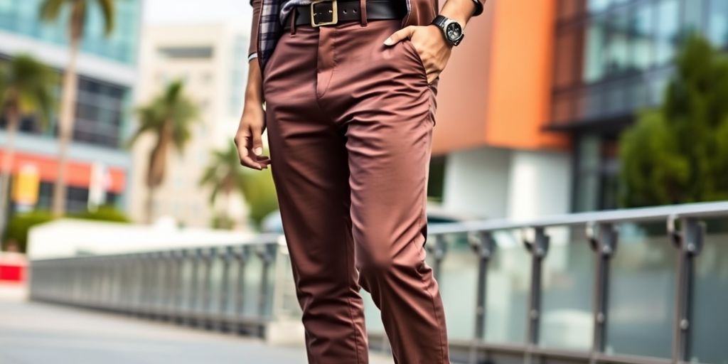 Man in high waisted pants against an urban backdrop.