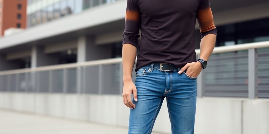 Man in skinny jeans posing in urban setting.