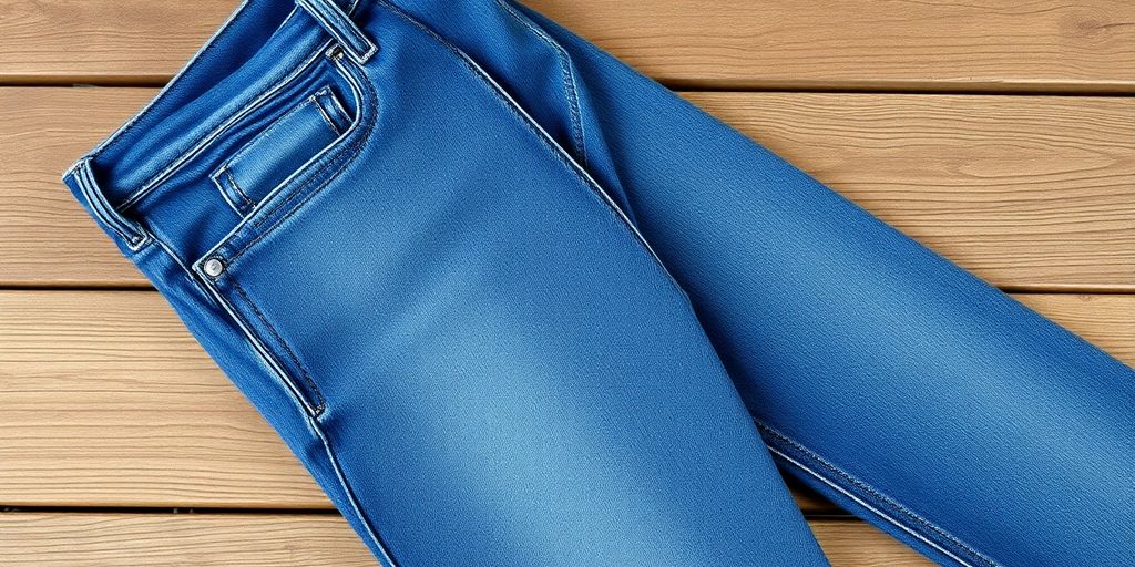 Men's jeans with cell phone pocket on wooden surface.