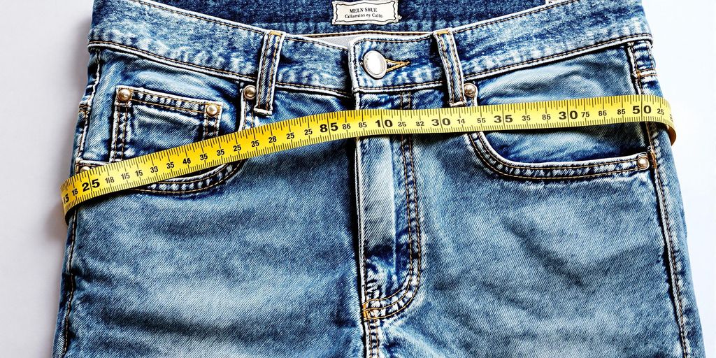 Measuring tape next to men's jeans for fitting.