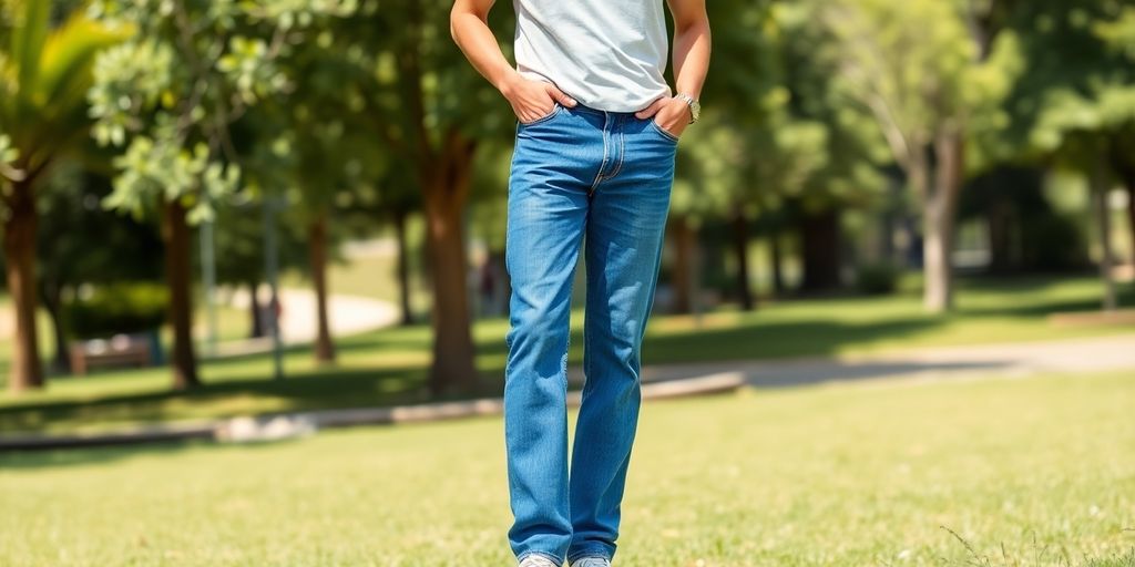 Man in relaxed fit jeans enjoying a sunny park.
