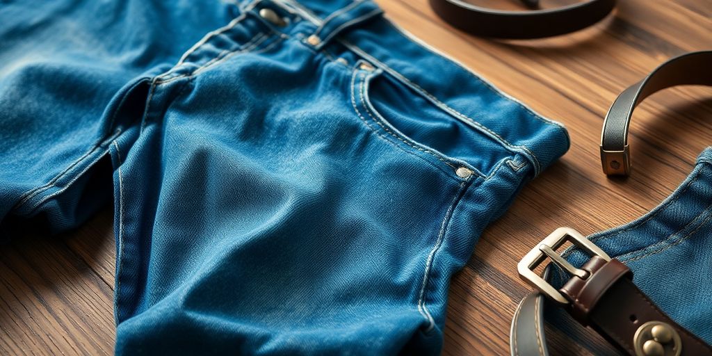 Men's vintage jeans on a wooden surface with accessories.