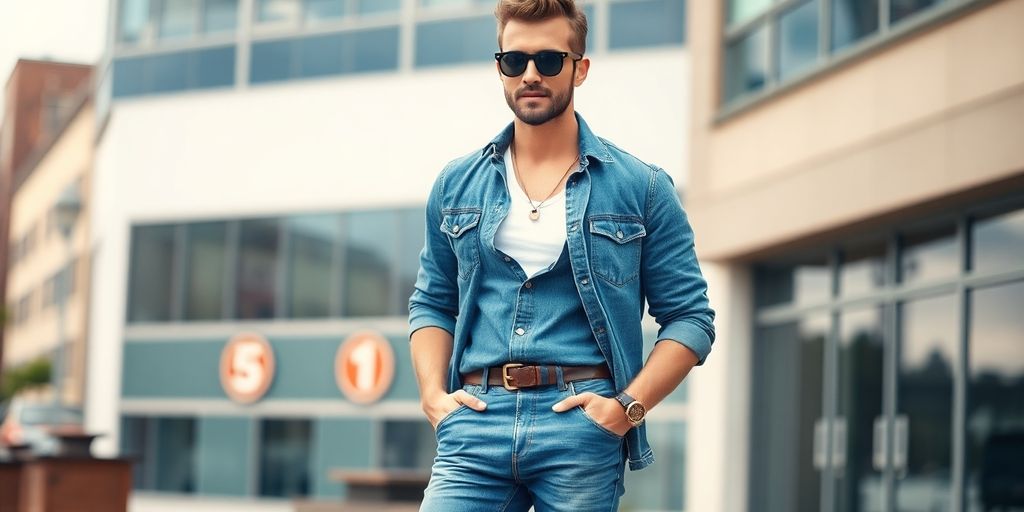 Man in vintage jeans posing in urban setting.