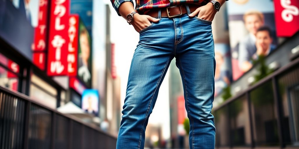 Man in trendy jeans against a vibrant urban backdrop.
