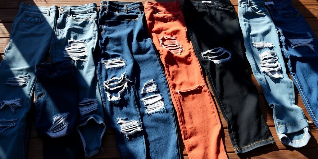 Variety of ripped jeans on a wooden surface.