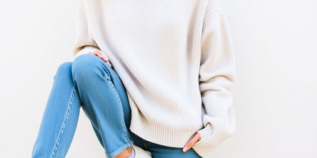 Cozy French terry crewneck sweater styled with casual jeans.