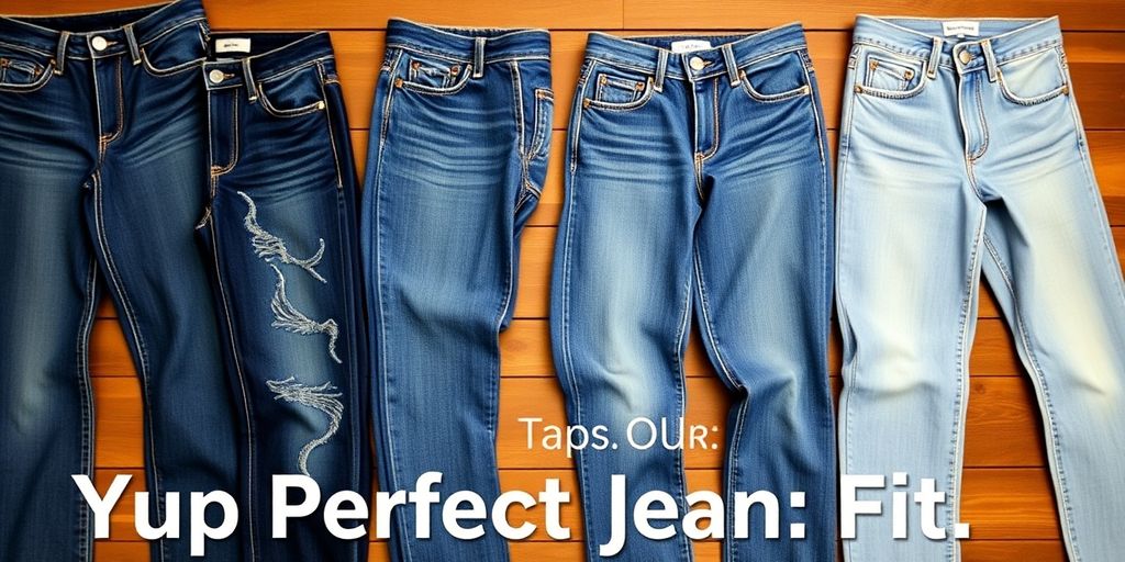 Variety of jeans on wooden background, showcasing different styles.