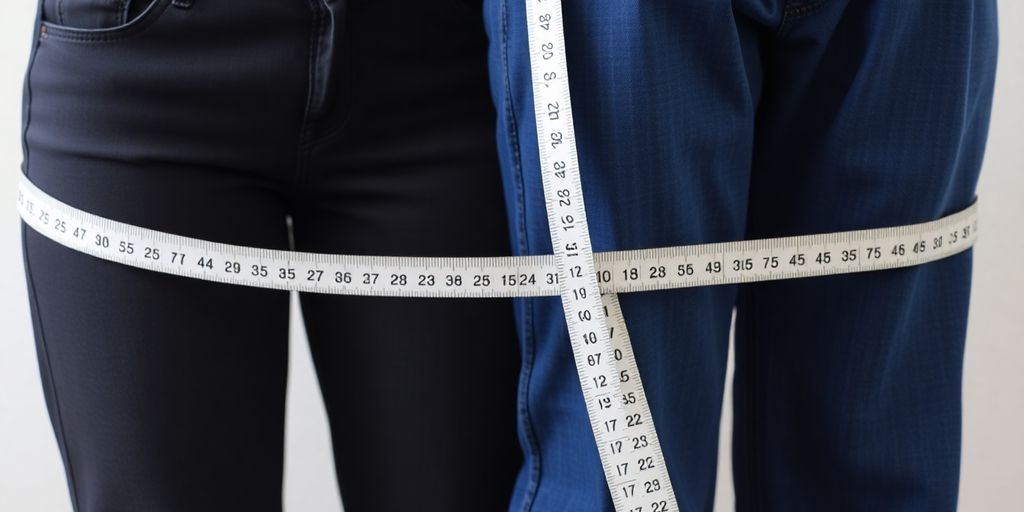 Tape measure on women's and men's pants side by side.